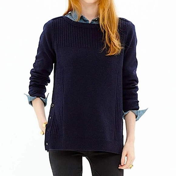 Madewell Pinewood Side Buttons 100% Merino Wool Pullover Sweater Navy Blue Med - Picture 1 of 13